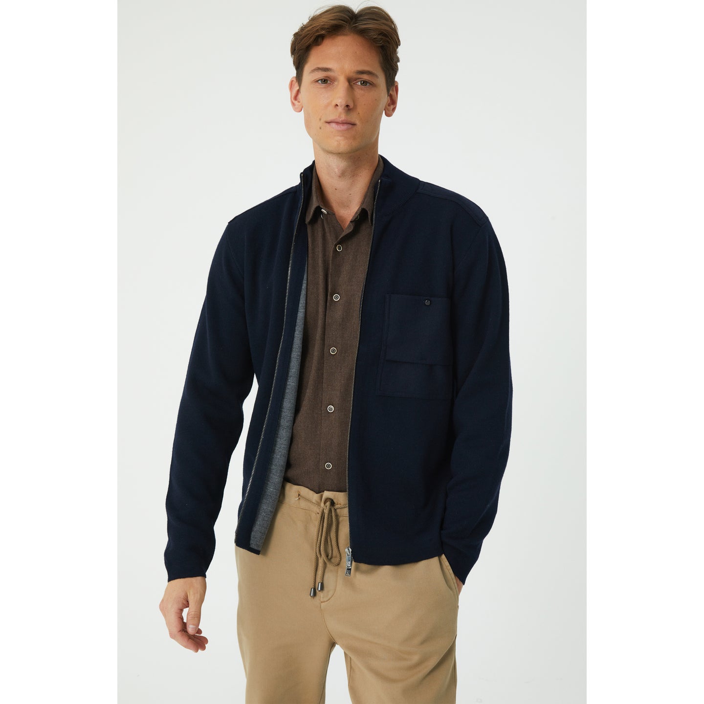 Navy Wool Blend Zip-Up Cardigan